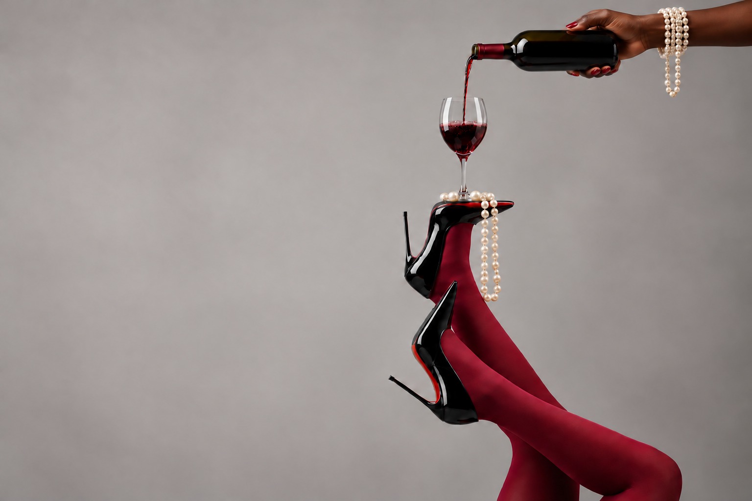 A Black woman’s hand wearing pearls and red nails pours wine into a glass balanced on a black red-soled heel above crossed legs in burgundy tights